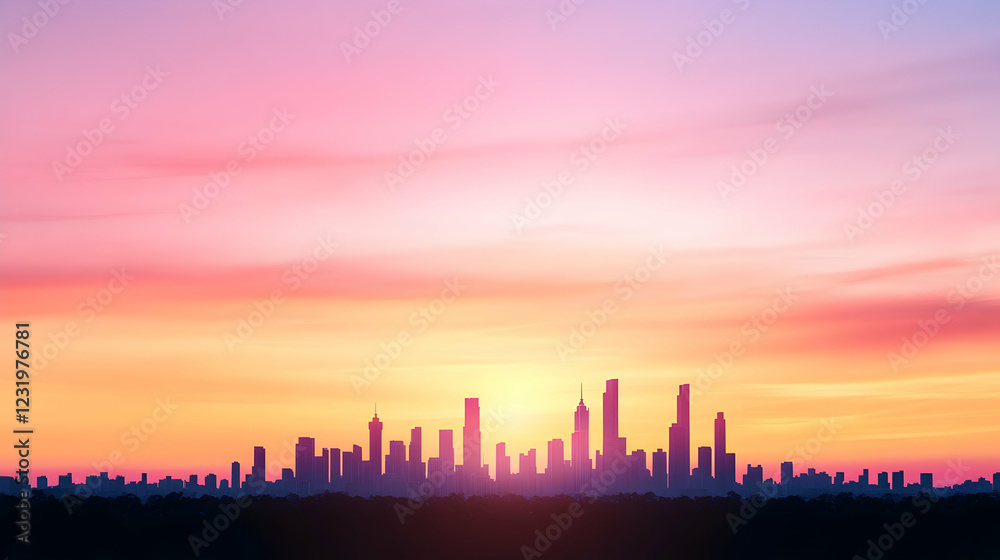 City skyline silhouette at sunset, colorful sky, urban landscape, ideal for travel brochures City skyline silhouette at sunset, colorful sky, urban landscape, ideal for travel brochures