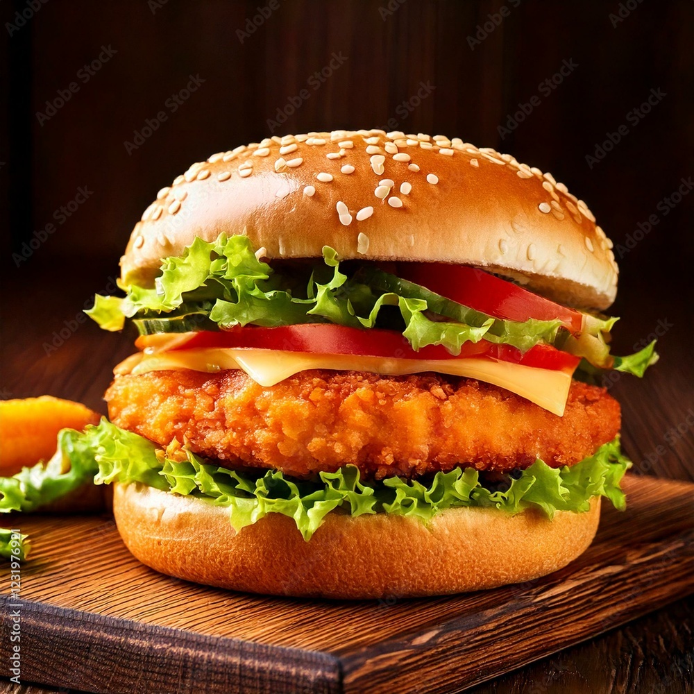 Fresh and delicious chicken burger served with crispy fries and ketchup, beautifully plated on a restaurant table. Ai Generated Fresh and delicious chicken burger served with crispy fries and ketchup, beautifully plated on a restaurant table. Ai Generated