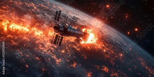 A satellite breaks apart in orbit, creating a fiery explosion as debris hurtles towards Earth. The striking visual captures the chaotic scene against the dark backdrop of space photo