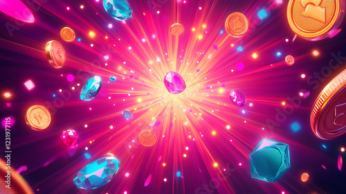 Win pink starburst background with flying golden coins, gemstones and confetti. Cartoon vector bg with explosion effect with treasure. Jackpot winner banner with neon light, splash money and jewelry.