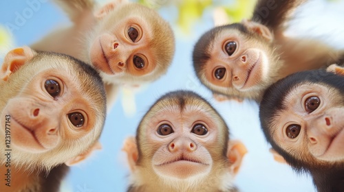 Group of curious capuchins looking down and exploring their surroundings photo