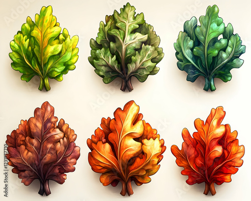 Colorful autumn leaves illustration; game asset; design element; white background