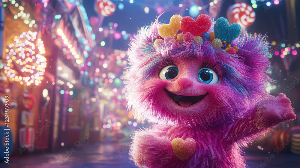 Whimsical pink creature in a colorful candy-themed wonderland full of joy Whimsical pink creature in a colorful candy-themed wonderland full of joy