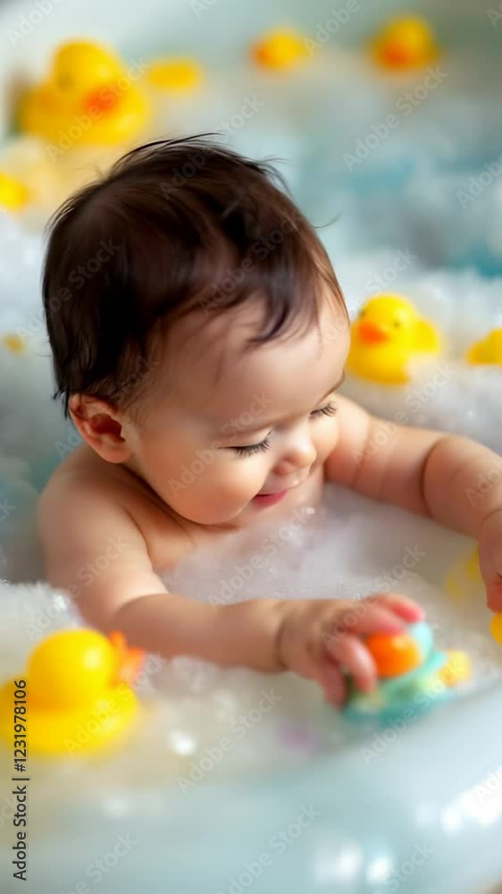 Happy Baby Giggles and Plays with Rubber Duckies During Bath Time Happy Baby Giggles and Plays with Rubber Duckies During Bath Time