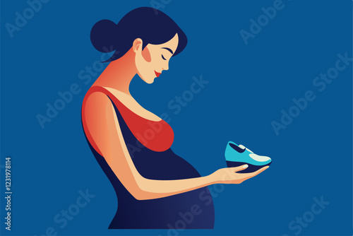 A pregnant woman smiling while holding a tiny baby shoe near her belly.
