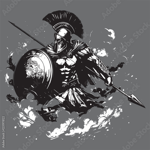Spartan warrior mask weapons spear Grey and helmet Splash in action Artwork vector editable logo for Wall Sticker decore t-shirt mug poster design and multipurpose use in high definition format