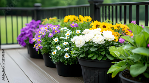 Wallpaper Mural Colorful flowers in pots on a deck overlooking a green lawn. Perfect for home and garden blogs Torontodigital.ca
