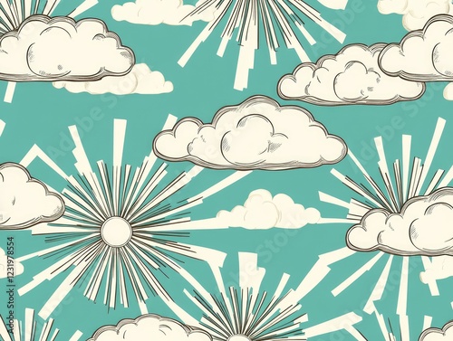 Sunshine and Clouds Pattern: A cheerful, retro-style seamless pattern featuring whimsical sunbursts and fluffy clouds against a teal background. Perfect for textile design, wallpaper.