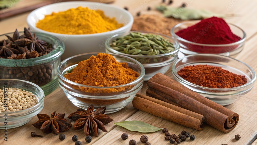 Fragrant seasonings and spices on a light background. Generative AI. Fragrant seasonings and spices on a light background. Generative AI.