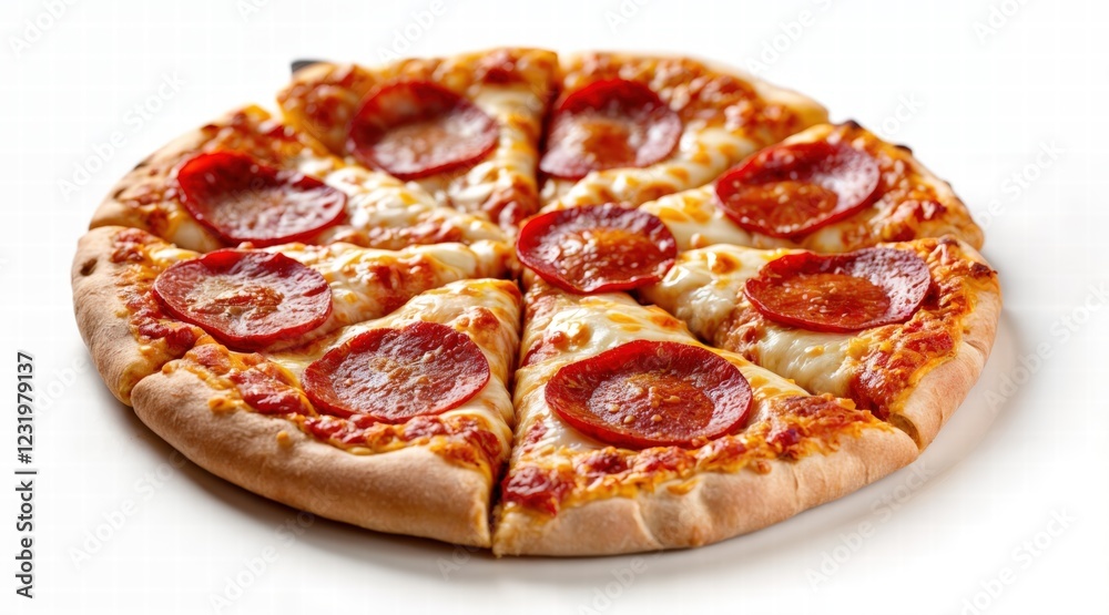 Hot pepperoni pizza with golden crust, gooey melted mozzarella, and evenly spread spicy pepperoni slices, eight-cut, isolated on white background, classic Italian pizzeria dish Hot pepperoni pizza with golden crust, gooey melted mozzarella, and evenly spread spicy pepperoni slices, eight-cut, isolated on white background, classic Italian pizzeria dish