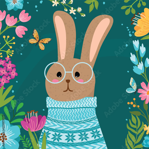 Easter card with cartoon rabbit surrounded by flowers. Spring background with floral frame and cute animal character in a sweater and glasses. Print on fabric and paper. Vector flat color illustration