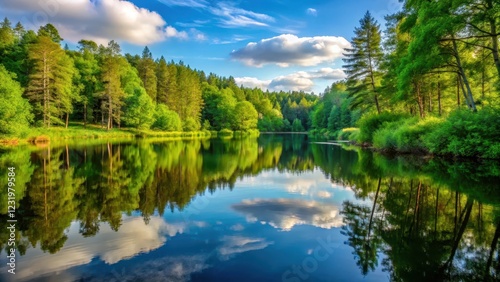 A serene landscape with a peaceful lake surrounded by tall trees and lush greenery, reflecting the beauty of nature in harmony , harmony, peaceful lake