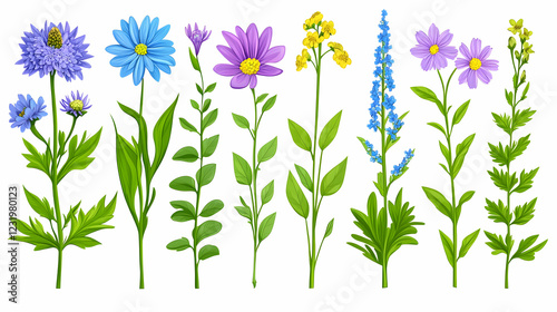 Colorful wildflowers, isolated on white background, perfect for design projects