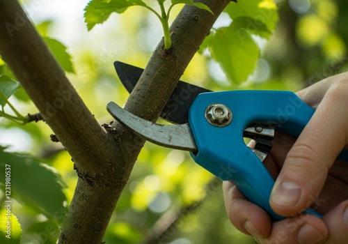 Close-up of hands using blue pruning shears to trim a tree branch in a lush green garden. Perfect for gardening and landscaping projects