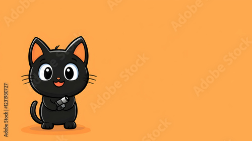 Cute black kitten holding marker, orange background, Halloween design, ideal for children's book illustrations