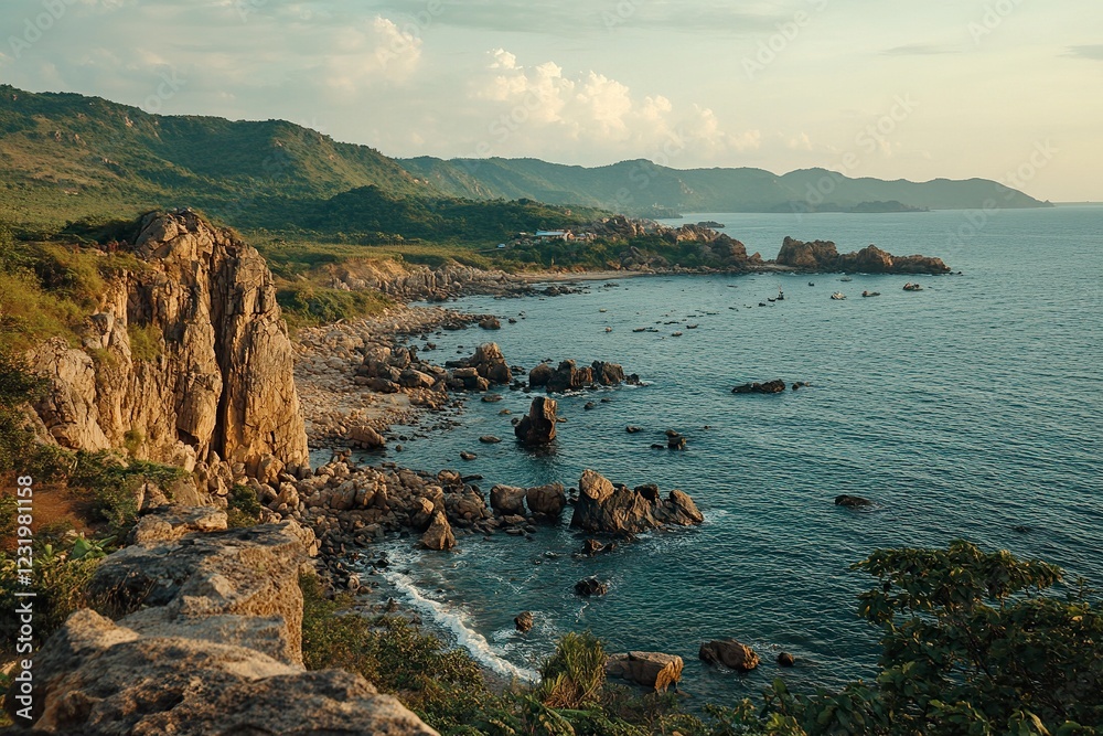 Coastal Rock Formations: Serene Seascape in Golden Hour Coastal Rock Formations: Serene Seascape in Golden Hour
