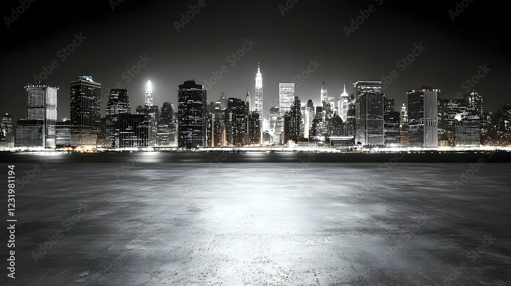 Obraz premium Night city skyline, empty plaza, urban background
