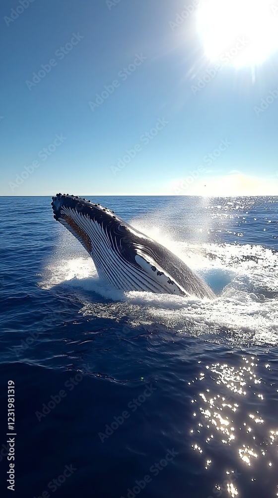 Fototapeta premium HD Phone Wallpaper Majestic Humpback Whale Breaching Ocean Surface Sunny Day