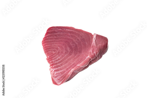 Raw, sliced, unseasoned tuna steak meat isolated on white. Top view, close up shot, no people photo