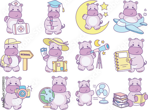 Cute hippo vector icon. Funny baby hippo animal series stock illustration. life of fluffy hippo designs.