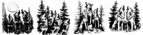 Wolves howling at the moon in a forest during nighttime with silhouettes against the stars