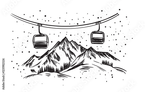 Ski lift in mountain, on white, sketch, hand drawn illustrations.