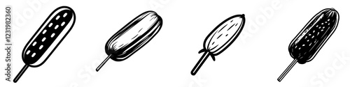 Variety of corn dogs displayed in a simple line drawing showcasing different shapes and textures