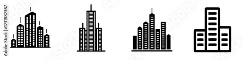 Diverse silhouettes of city skyscrapers showcasing urban architecture and design at various angles throughout the day