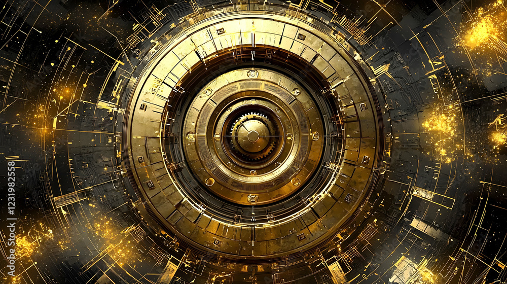 Obraz premium Golden Tech Gear Rotating, Abstract Background