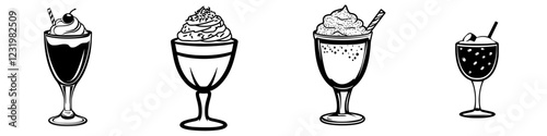 Variety of ice cream desserts displayed with different toppings and presentations