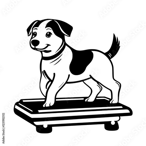 Dog stands happily on a balance scale while being weighed in a veterinary clinic during a sunny day