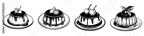 Various types of chocolate desserts displayed on plates with decorative toppings and sauce drizzles in black and white illustration