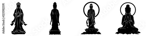 Various depictions of Bodhisattvas showcasing different postures and attributes in a minimalist style