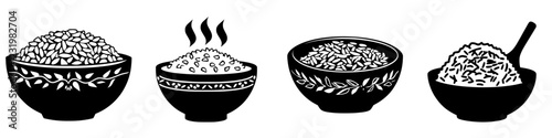 Different types of rice in decorative bowls showcasing diverse textures and styles of serving options in a culinary setting