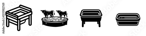 Cow troughs and feeding stations situated in a rustic farmyard setting during daylight hours