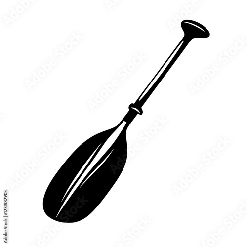Black silhouette of a single kayak paddle displayed on a white background showcasing its design and structure for enthusiasts