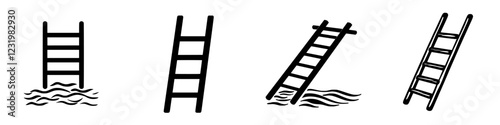 Unique representations of a ladder emerging from water at varying angles during a bright day