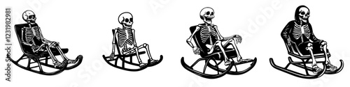 Skeletons enjoying a playful ride on rocking chairs during a spooky Halloween celebration