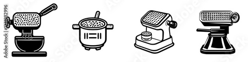 Collection of kitchen appliances for food preparation and cooking in a minimalistic design, showcasing functionality and elegance