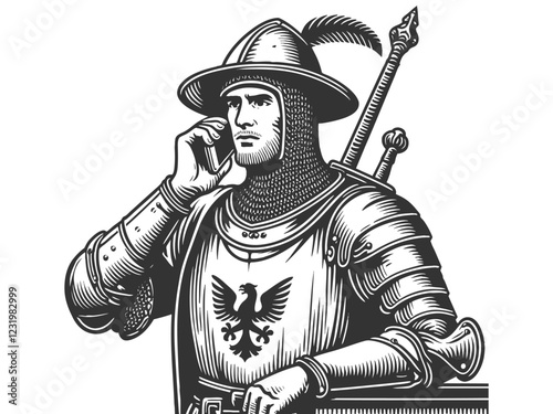 medieval knight in full armor talking on a smartphone, merging historical and modern elements sketch engraving generative ai vector illustration. Scratch board imitation. Black and white image.