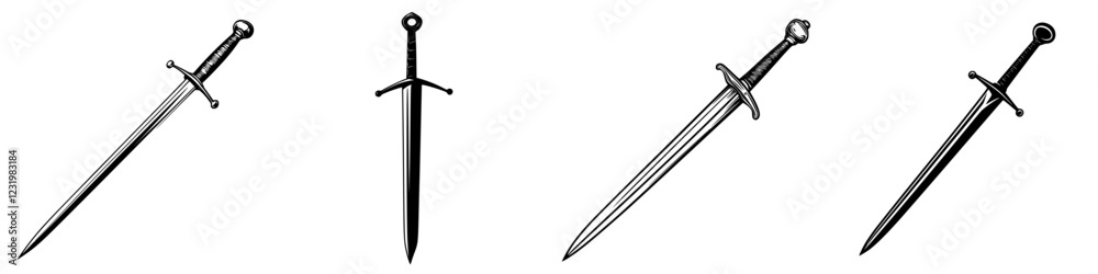 Historical daggers displayed in various angles showcasing intricate designs and craftsmanship