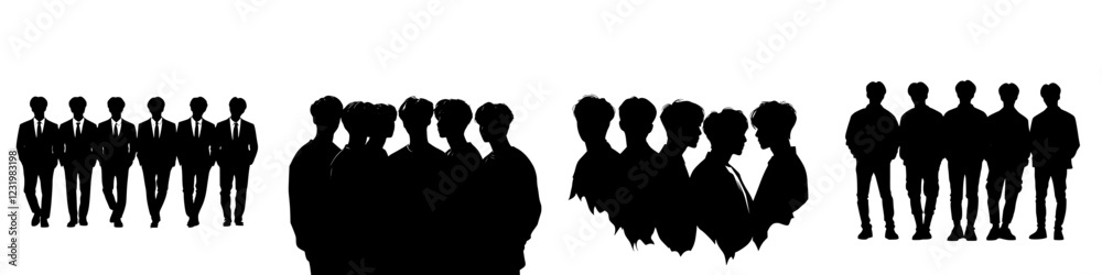 Group of individuals interacting in a creative display of silhouettes during an artistic collaboration in a gallery setting Group of individuals interacting in a creative display of silhouettes during an artistic collaboration in a gallery setting