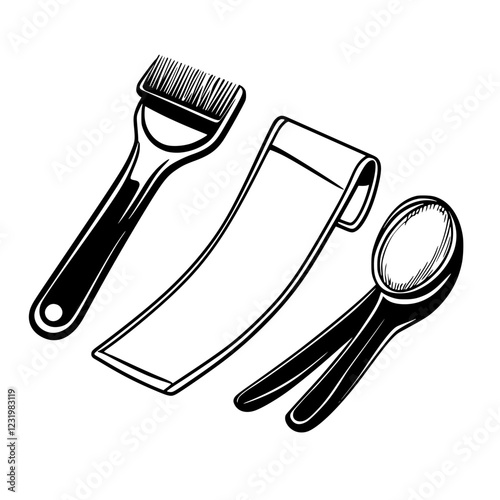 Kitchen utensils displayed with a brush, a curved spatula, and a spoon on a white background for culinary arts