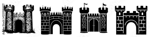 Various designs of castles showcasing different architectural styles and features in a black and white illustration
