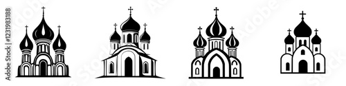 Architectural designs of traditional Russian churches showcasing unique domes and structures in a minimalist style