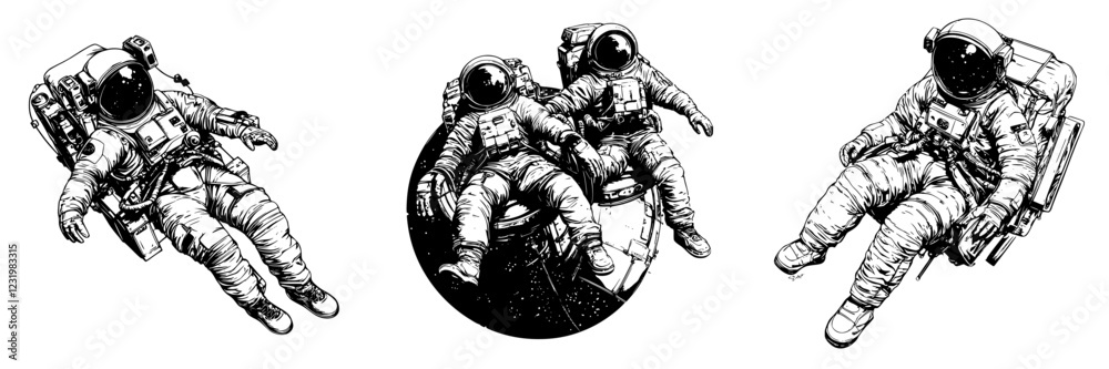 Exploration of space through the art of astronaut illustrations in a unique black and white style Exploration of space through the art of astronaut illustrations in a unique black and white style