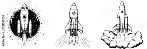 Dynamic rocket designs in black and white showcasing various launch styles and techniques