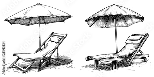Relaxing with beach loungers and umbrellas on a sunny day at the shore with soft sand beneath