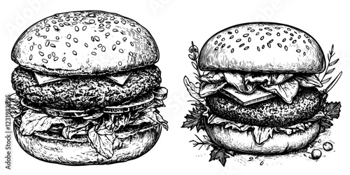 Deliciously detailed illustration of two gourmet burgers with fresh ingredients on sesame seed buns