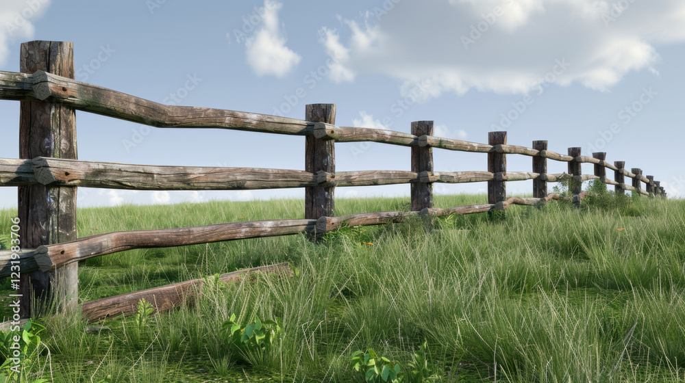 rustic wooden fence stretches across grassy field under blue sky with fluffy clouds, creating serene countryside scene rustic wooden fence stretches across grassy field under blue sky with fluffy clouds, creating serene countryside scene